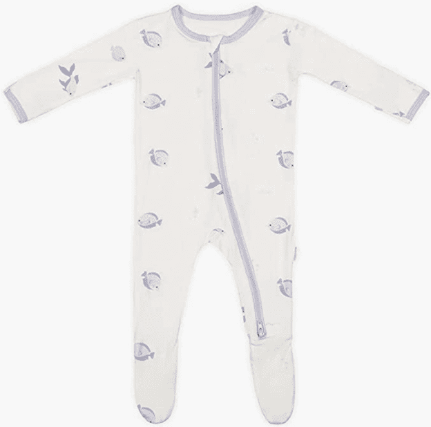 Bamboo baby pajamas by Bamboo Little brand. White footie pajamas with blue an purple fishes printed as design. 