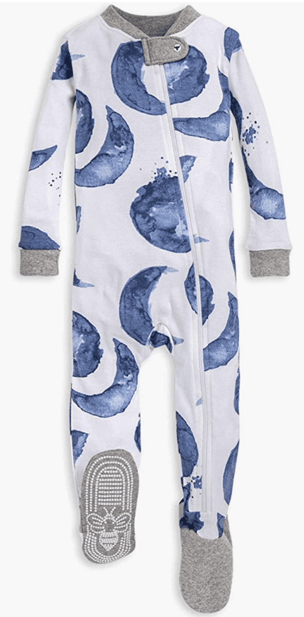 Organic baby pajamas by Burt's Bees brand. White color with blue moon design. 
