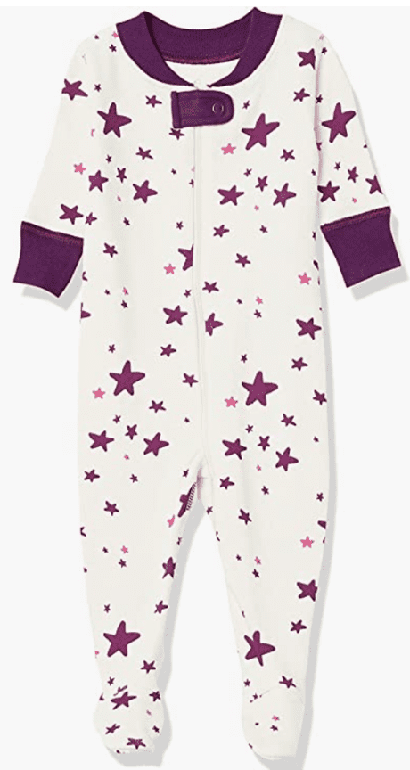 Organic baby pajamas by Hanna Anderson company. White background with purple stars design. 
