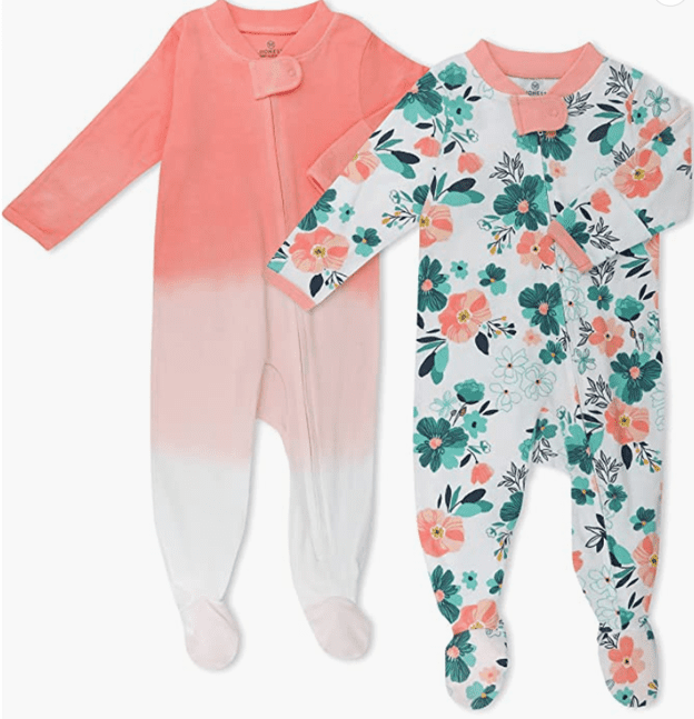 Honest baby brand organic cotton baby pajamas. Come in a 2-pack, one with flower print and one that fades from peach to white color.